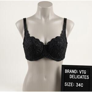 VTG Delicates 34C Bra Black Embroidered Lace UW Sexy Romantic 11935 No Pads